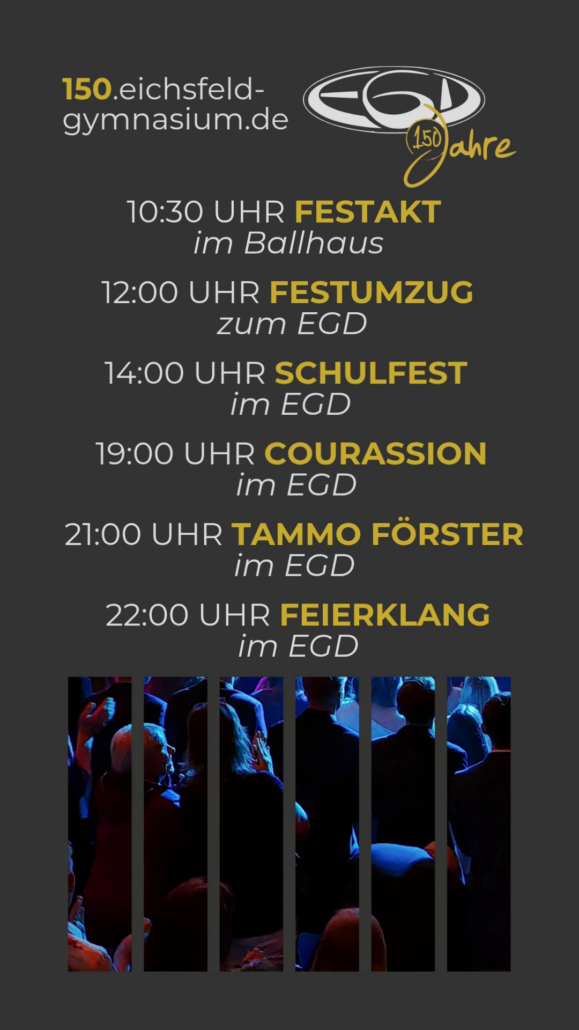 10:30 UHR FESTAKT im Ballhaus 12:00 UHR FESTUMZUG zum EGD 14:00 UHR SCHULFEST im EGD 19:00 UHR COURASSION im EGD 21:00 UHR TAMMO FÖRSTER im EGD 22:00 UHR FEIERKLANG im EGD